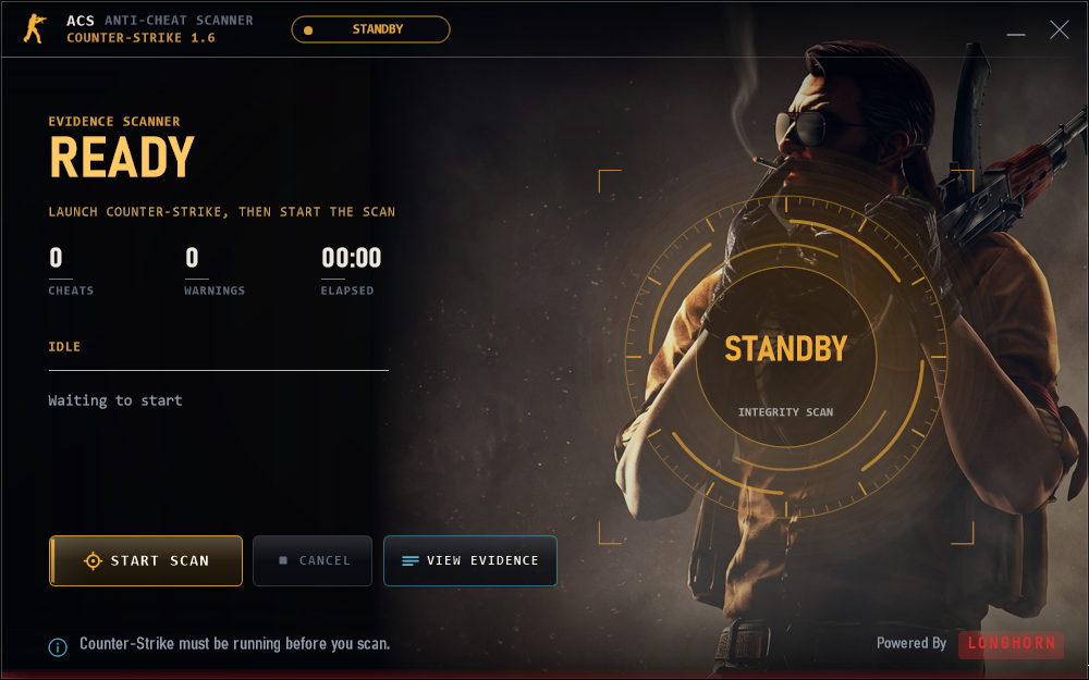 ACS desktop ready screen with Start scan, Cancel and View evidence buttons
